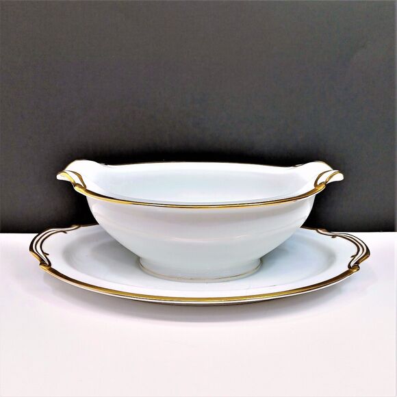Noritake Patricia 9"x6" Gravy Boat attached underplate White w/ Gold Trim 4982 - Picture 1 of 4